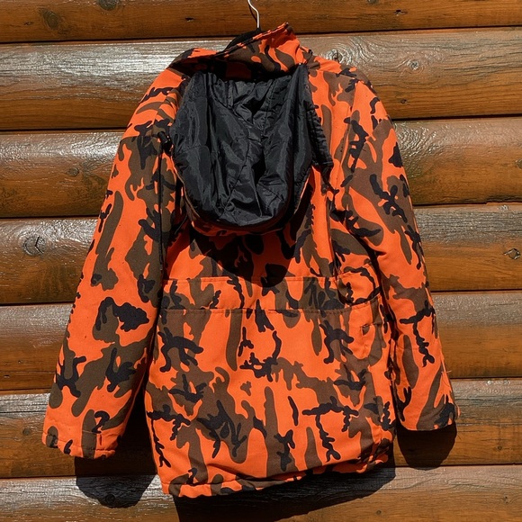 Vintage WINCHESTER ORANGE CAMOUFLAGE HUNTING JACKET w/Removable Hood Sz S UniSex - Picture 3 of 16